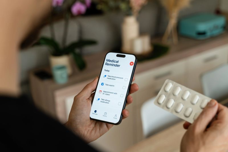 Patient is checking medical app reminders on smartphone and holding blister of pills
