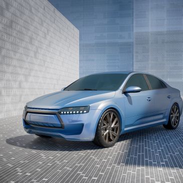 Mavi modern elektrikli sedan otomobil.