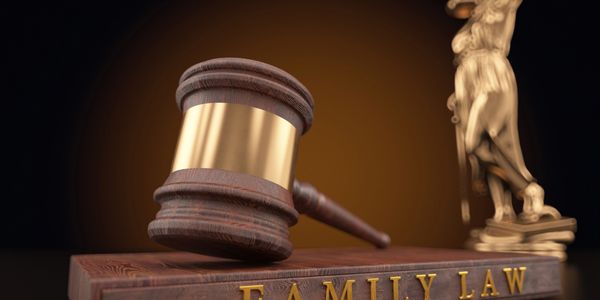 Wooden gavel and plaque with 'Family Law' inscription, symbolizing legal matters in family law.