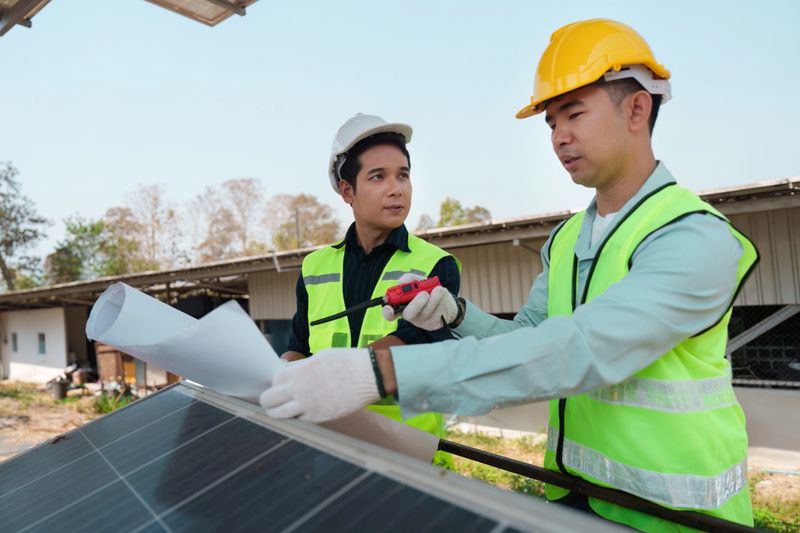 Two dedicated technicians review installation plans while working on a solar panel project, focusing on sustainable energy solutions in a green environment.