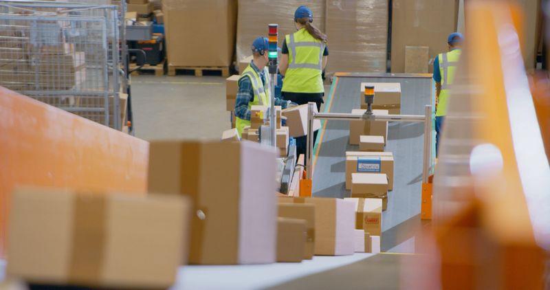 Efficient Logistics Team in Safety Vests Sorting and Loading Packages on a Conveyor Belt, Working in a Busy Distribution Center. Young Men and Female Handling Packages for Outgoing E-Commerce Orders