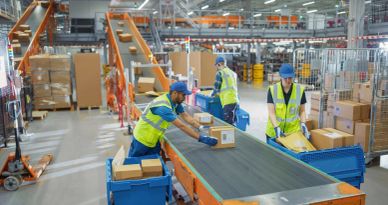 Workers in safety gear sorting packages on conveyor belts in a warehouse.
