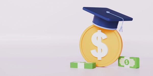 Graduation cap on a dollar coin with money stacks, symbolizing education funding.