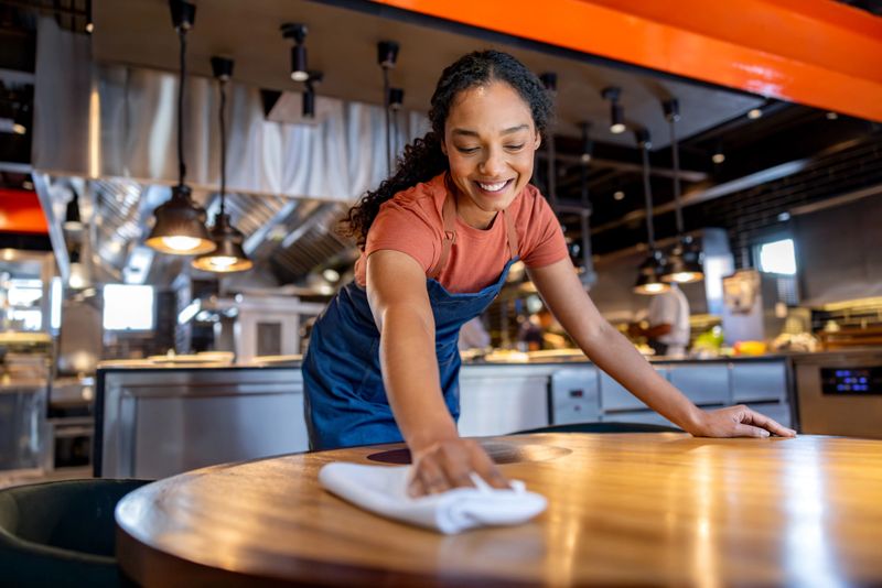 Happy African American waitress cleaning a table at a restaurant - food service occupation concepts