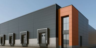 Modern warehouse building with loading docks.
