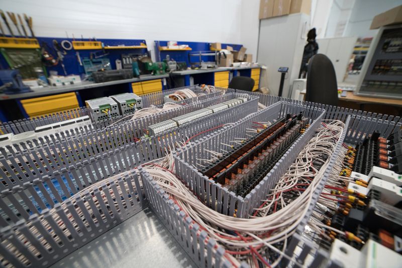 Close-up of electrical cabinet assembly, highlighting organized wiring, relays, and terminals