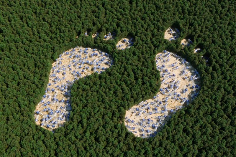 Plastic waste zone shaped of human footprints in the middle of the forest symbolizing deforestation, top view, (3d render)