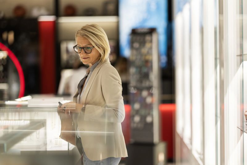 Portrait of mature woman admiring watches through store display during shopping in luxury shopping mall