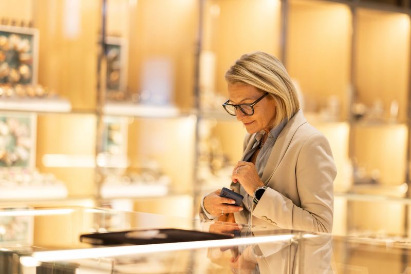 Mature woman choosing jewelry in a store during shopping in luxury shopping mall