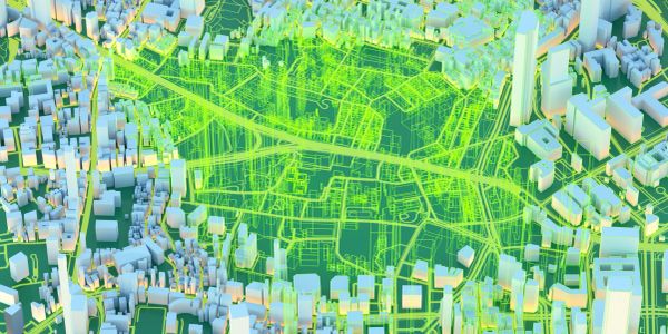 3D city map with green highlighted roads and buildings.