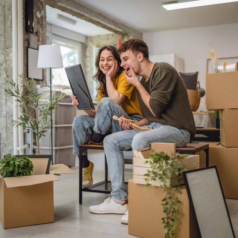 boyfriend and girlfriend have fun while look at photo frame and play with wooden mannequin in their new apartment around card box and furniture