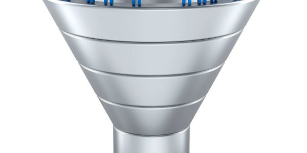 A funnel filtering many blue figures down to two red figures.