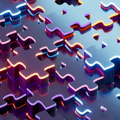 3D glowing puzzle pieces with neon edges in purple and blue tones.