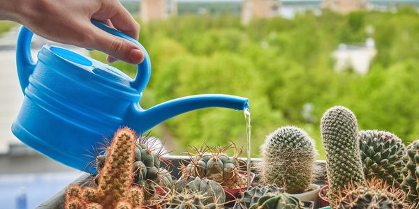 Hand watering various cacti with a blue watering can on a balcony.