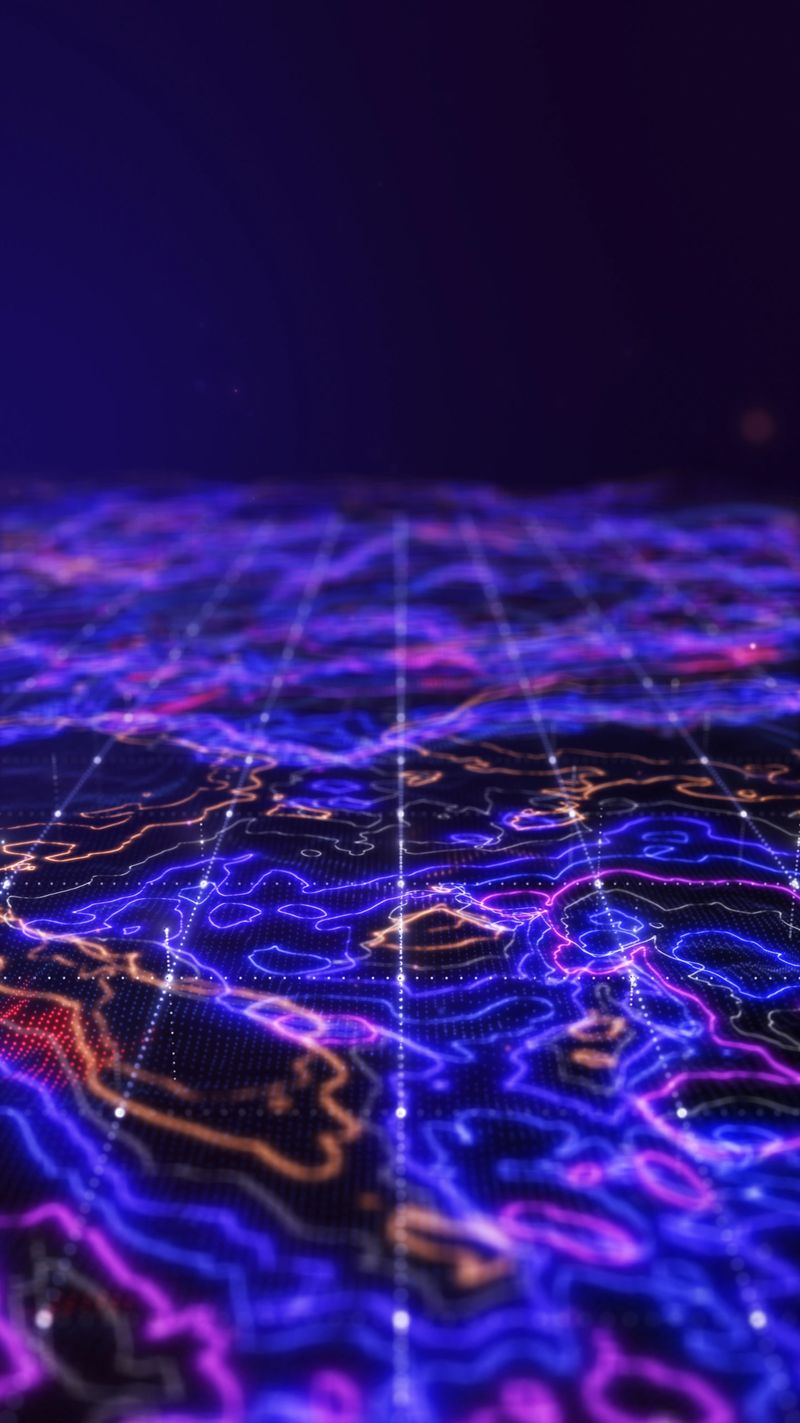 Abstract digital data landscape with glowing particles and dynamic lines on a dark background,