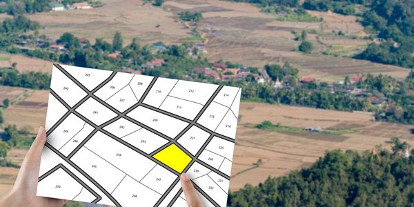 Person holding a land plot map with one plot highlighted in yellow.