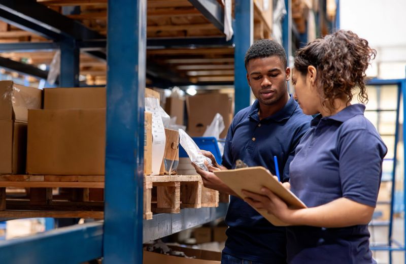 Team of Latin American warehouse workers taking inventory of the merchandise and writing on a clipboard