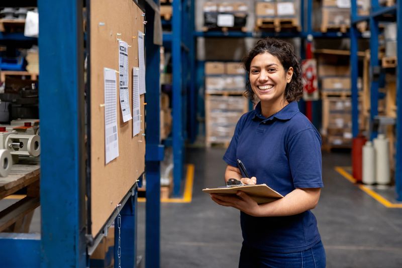Happy Latin American warehouse employee looking at her shifts on a bulletin board and smiling at the camera