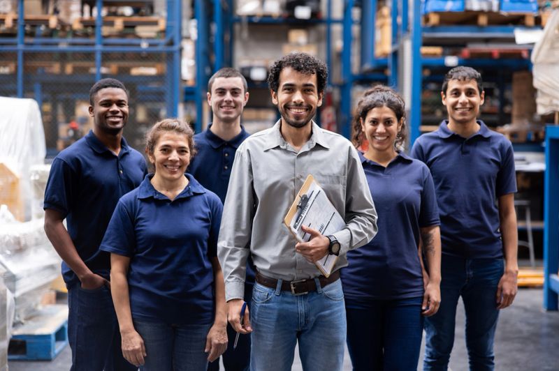 Happy team of Latin American warehouse workers smiling at work while looking at the camera