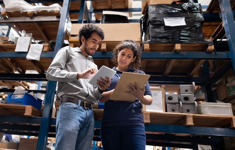 Foreperson talking to a Latin American employee while taking inventory at a warehouse and comparing notes