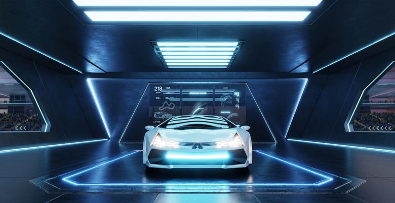 Futuristic white sports car is parked in a high-tech garage, with a digital display showing race track information and performance statistics. 3d rendering