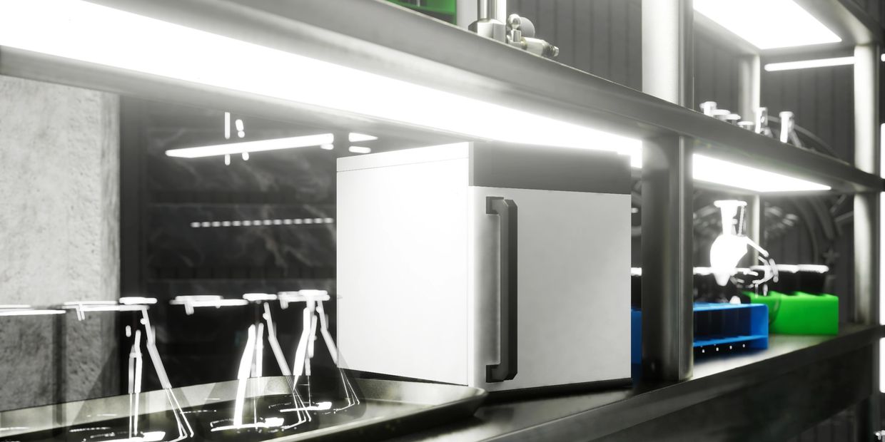 Laboratory equipment including a small white incubator and glass beakers on a metallic shelf.
