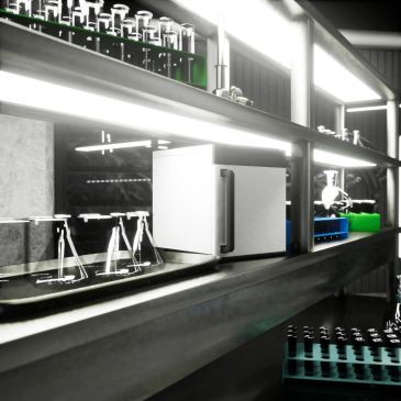Laboratory shelves with test tubes, flasks, and scientific equipment under bright lighting.