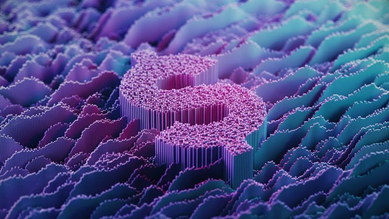 Dollar Currency Sign on abstract digital landscape - Digital Analytics - Blue, Pink - Technology, Big Data, Forecasting