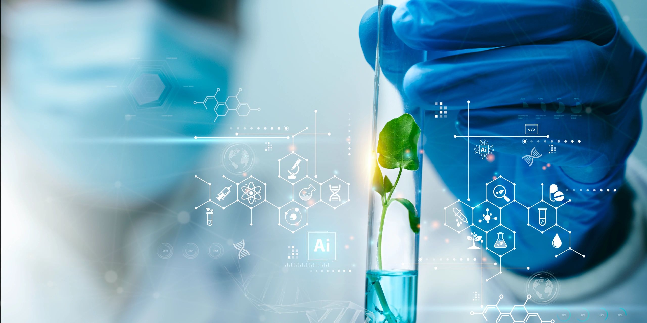 Scientist examining a plant in a test tube with digital scientific icons.