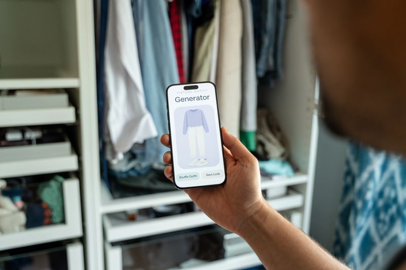 Man using virtual outfit generator app on smartphone in front of his wardrobe, choosing clothes and creating new looks