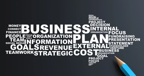 Arrow-shaped word cloud with business and planning terms.
