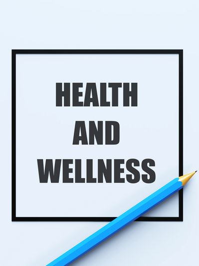 A blue pencil is next to the words health and wellness.