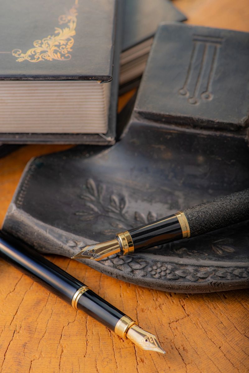 Fountain pen, two beautiful fountain pens with books on a rustic wooden surface, selective focus.