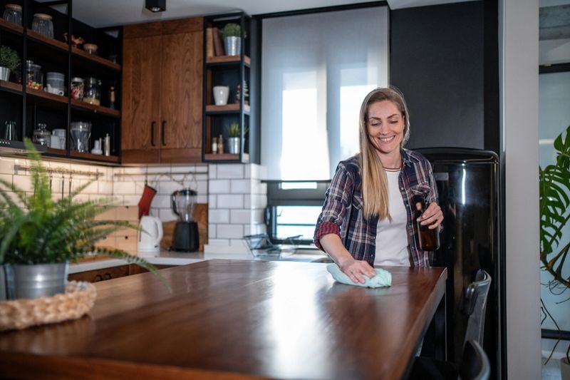 Young adult woman cleaning a wooden kitchen countertop with a cloth and spray bottle, surrounded by modern wooden cabinets, tiled backsplash, and potted plants