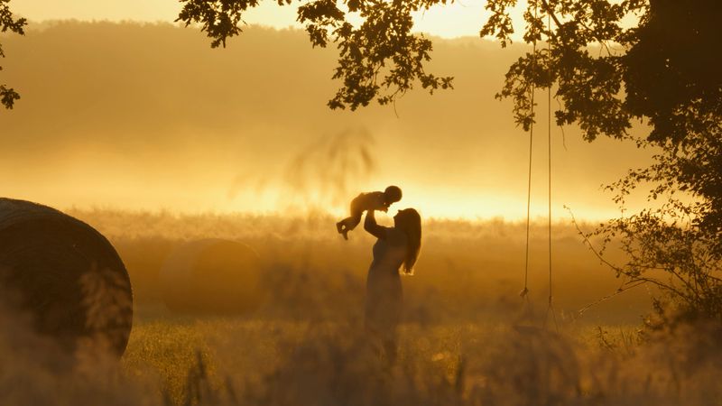 Silhouette of a Mother Lifting her Baby at Sunset in a Field,with a Hay Bale and a Swing in the Background,Creating a Heartwarming Scene of Family and Nature