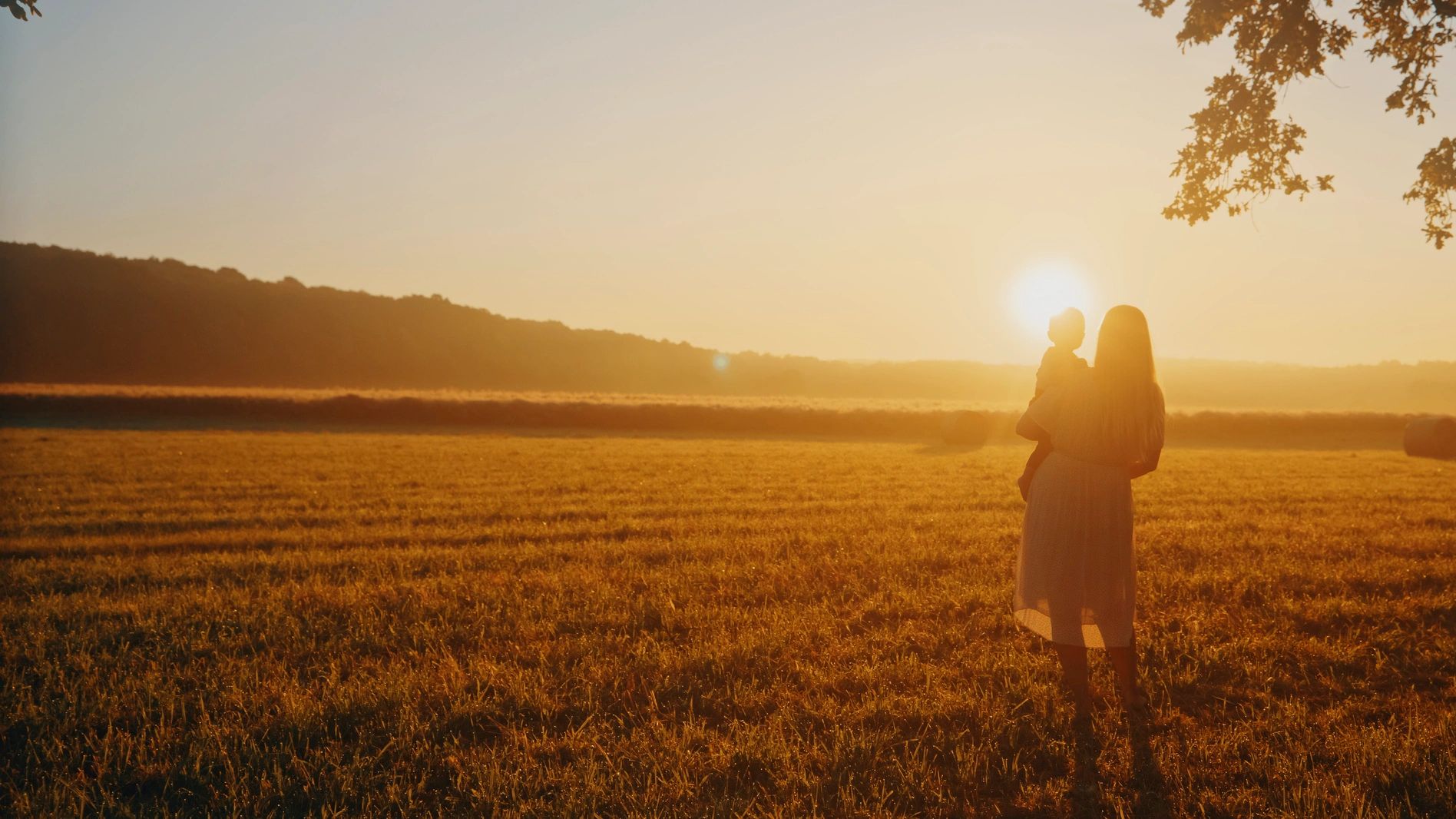 Mother holding child at sunset in a golden field.