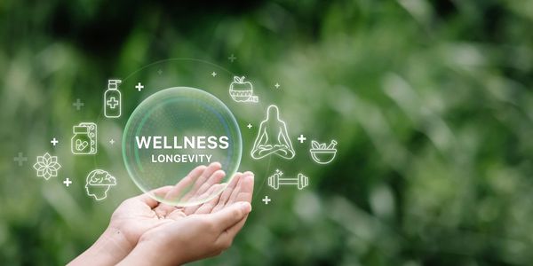 Hands holding a digital wellness and longevity concept with health icons.