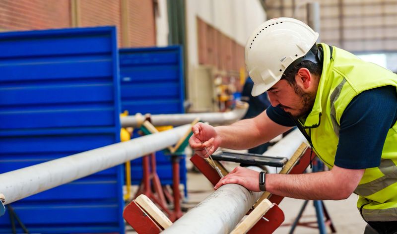 Close-up of a worker using a vernier caliper to measure the diameter of a metal pipe in a factory or industrial workshop. Precision engineering and quality control in manufacturing. Hands of the technician clearly visible, emphasizing the accuracy and manual process. weld stainless metric.