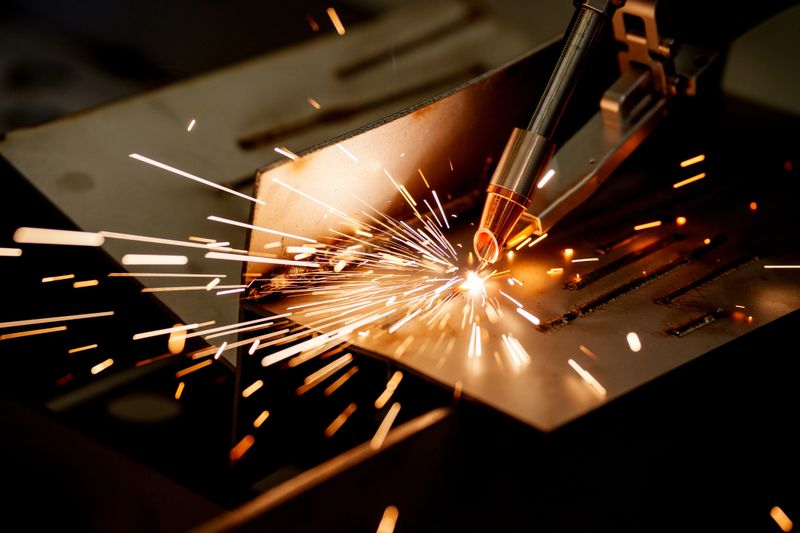 Close up scene the portable laser welding machine operation