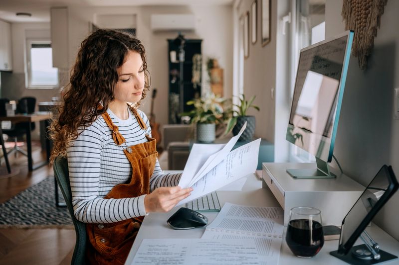 Focused young woman sitting at a desk in her cozy home, going through documents and notes as part of her study session, portraying a quiet and productive atmosphere