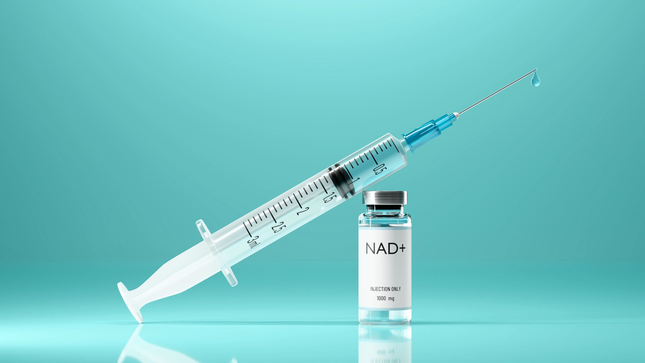 Syringe with a drop of liquid next to NAD+ injection vial on turquoise background.