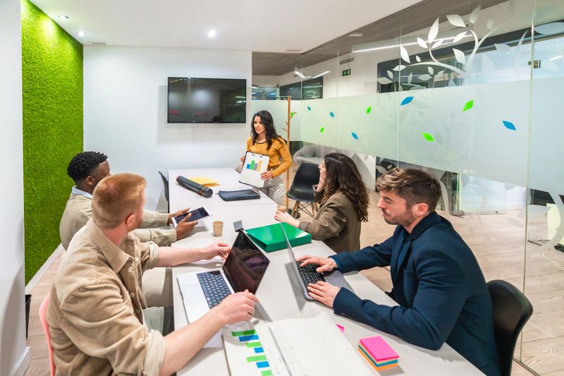 Group of young professionals collaborating on a project, analyzing charts and data on laptops and tablets in a modern office