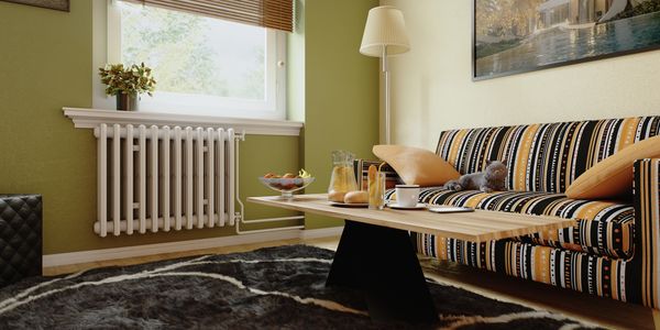 Cozy living room with a striped sofa, coffee table, and a cat relaxing.