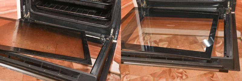 Comparison of the glass of the oven door before and after cleaning.