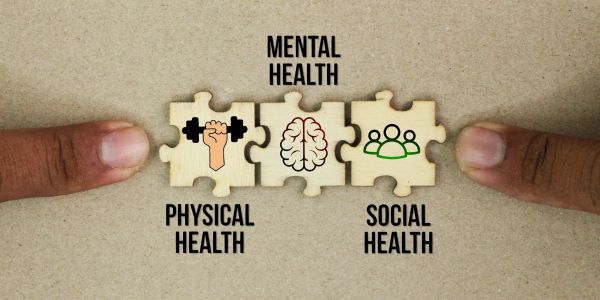三块拼图象征身心和社会健康的联系。
