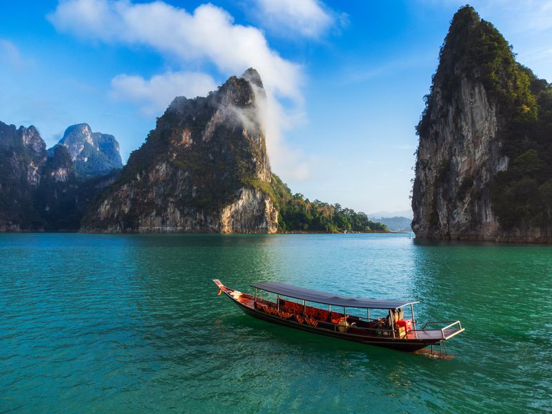 Aerial landscape view of Khao Sok National Park in Cheow Lan Lake, Surat Thani, Thailand.