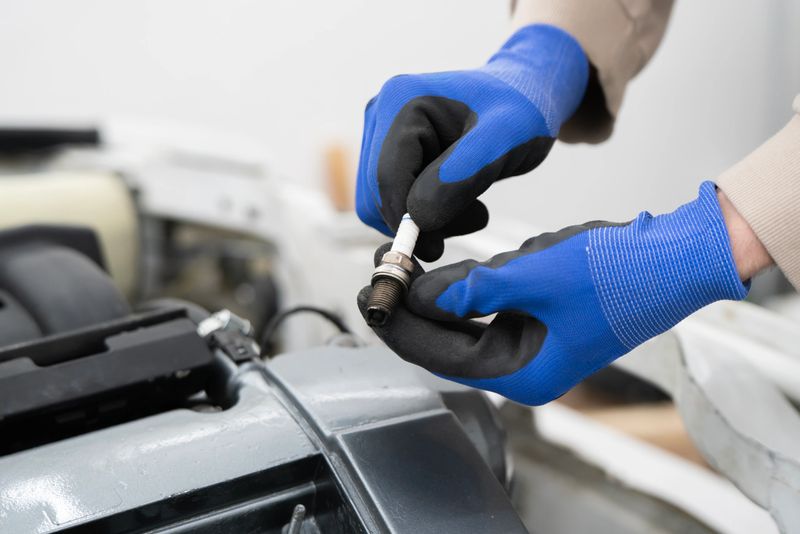 A car mechanic works on an engine, replacing a spark plug in an auto repair shop