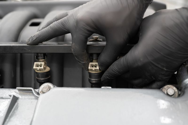 Mechanic with gloves carefully installs a fuel injector in a vehicle engine at a workshop, showcasing skilled automotive maintenance.