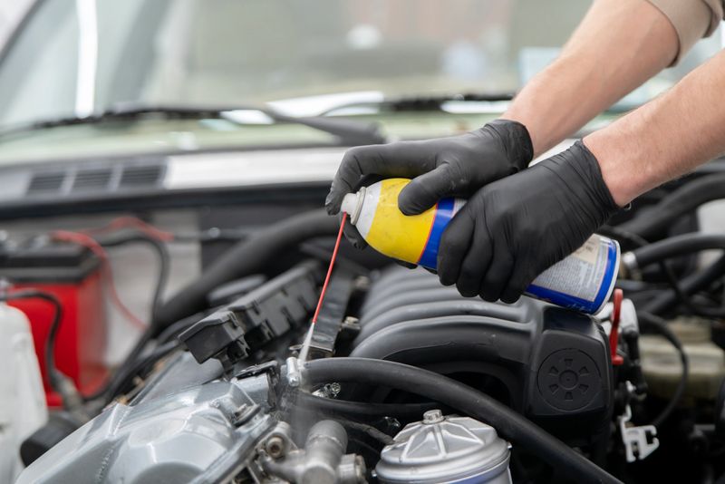 Using a car cleaner spray, a person applies it to engine parts in a garage to maintain vehicle performance and cleanliness.