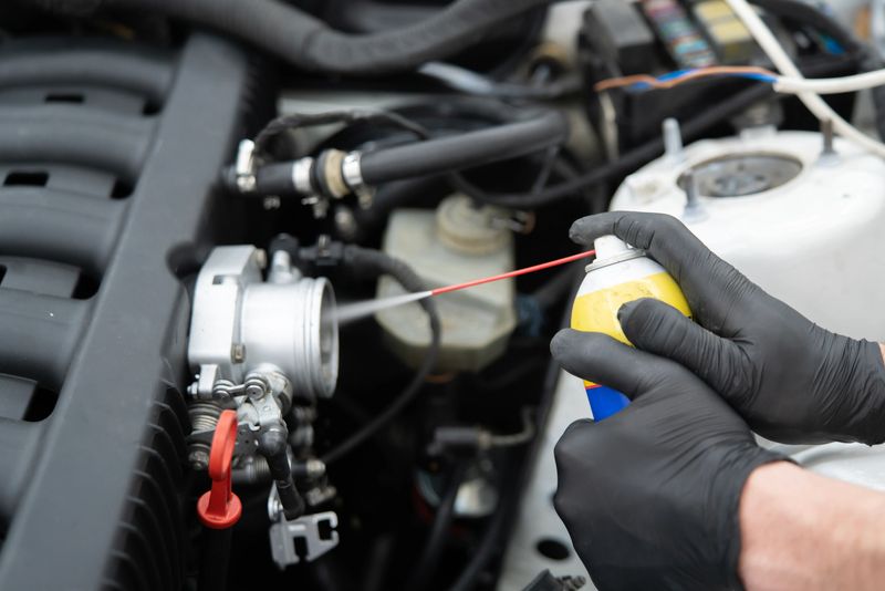 Spraying Throttle Valve Cleaner in a Car Engine for Effective Maintenance and Improved Performance